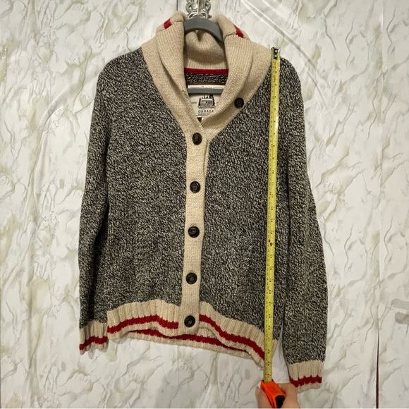 Roots Cabin button cardigan medium pockets wool sweater long sleeve grey red - Picture 4 of 8